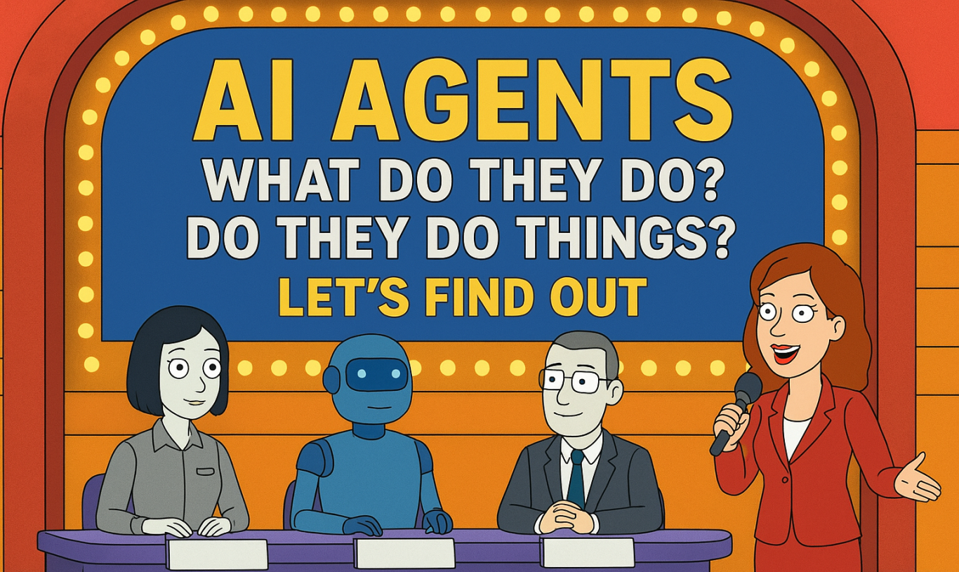 Cartoon scene with a quiz show format discussing AI agents.