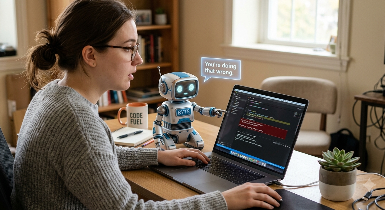 Evaluator agent and human Evaluator agent bot telling person they are coding wrong